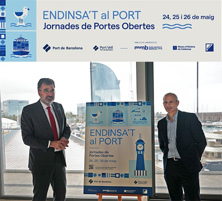 cartell i acte de presentació de les jornades. d'esquerra a dreta, el president del port de barcelona, lluís salvadó i el director general del port vell, david pino.