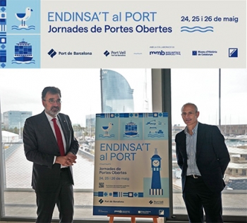 cartell i acte de presentació de les jornades. d'esquerra a dreta, el president del port de barcelona, lluís salvadó i el director general del port vell, david pino.